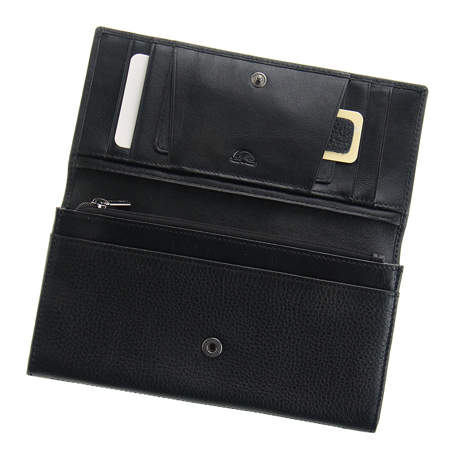 Open black New Contatto 3435 flap wallet showing the 12-slot card system and the embossed Tony Perotti logo