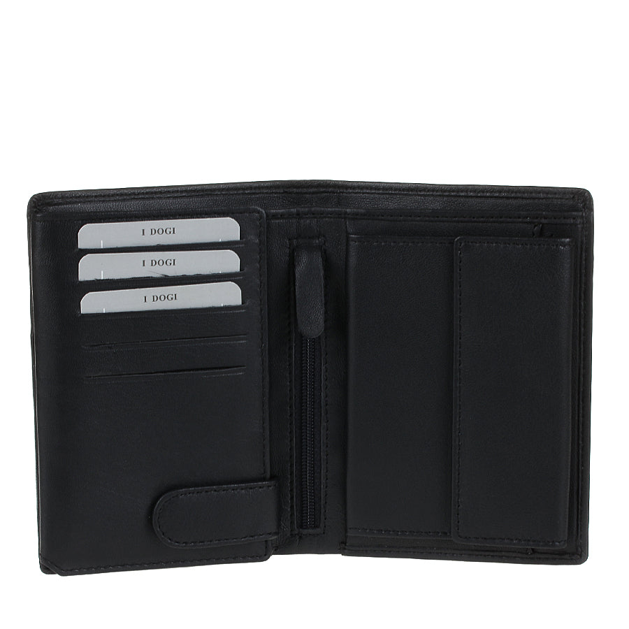 Tony Perotti Cortina 5031 nero opened — card slots and slip pockets on the left, a zipped coin pocket down the middle and further pockets on the right