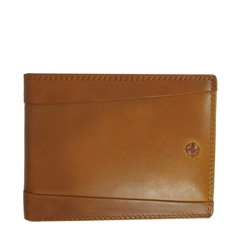 Tan Tony Perotti Cortina 5014 leather bifold wallet seen straight on, closed — panel seams across the top and bottom and the embossed compass rose