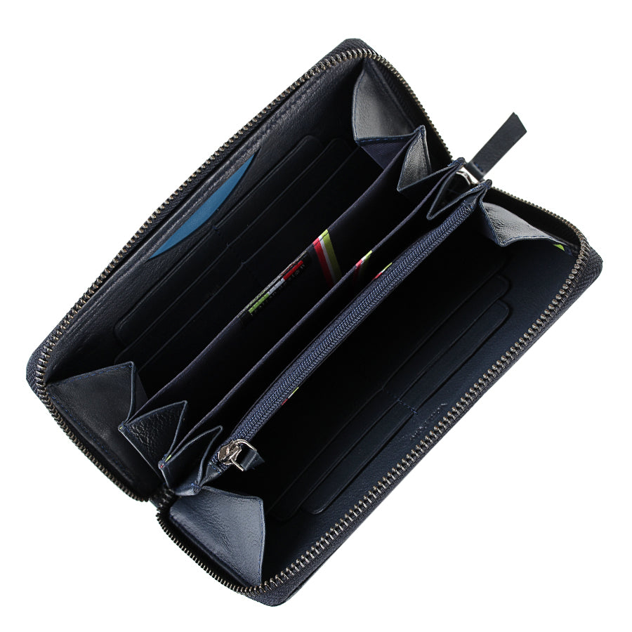 Open Tony Perotti Timone 11059 navy wallet with card slots, zip divider pocket and tricolour lining