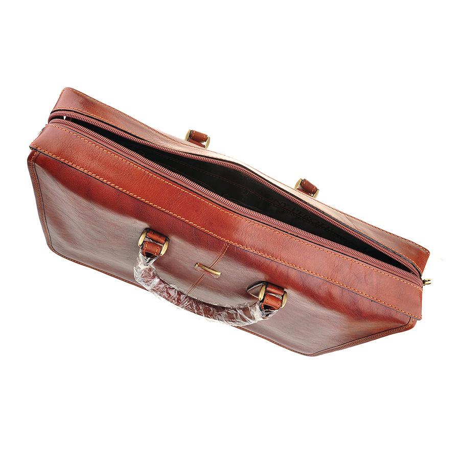 Top view of the partly unzipped Tony Perotti Italico 8098 cognac briefcase showing the Tony Perotti printed lining