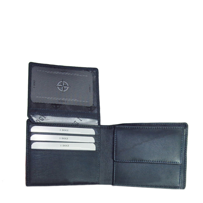 Open navy leather bifold wallet showing card slots, ID window and snap coin pocket — Tony Perotti Cortina 5078