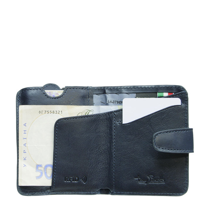 Nevada 3796+RFID navy card holder open — card sleeve lowered, RFID-embossed panel, banknote and card slot