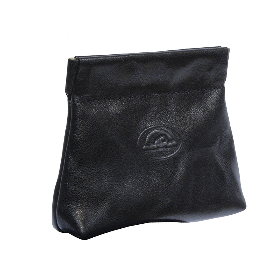 Black Tony Perotti Italico 1615 nero coin pouch at an angle, showing the soft body and the tapered base
