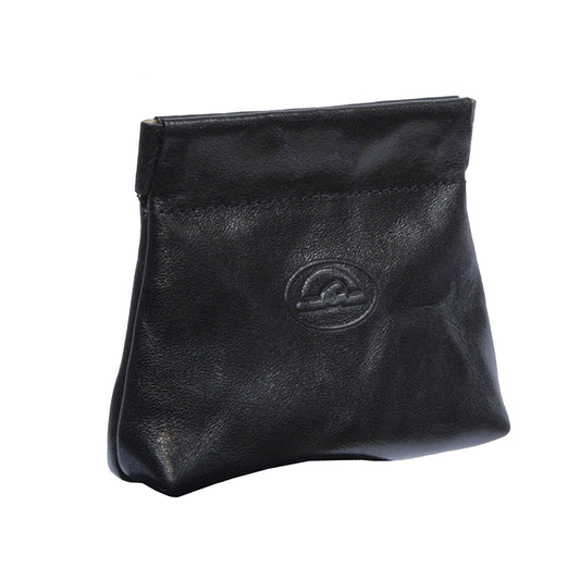 Black Tony Perotti Italico 1615 nero coin pouch at an angle, showing the soft body and the tapered base