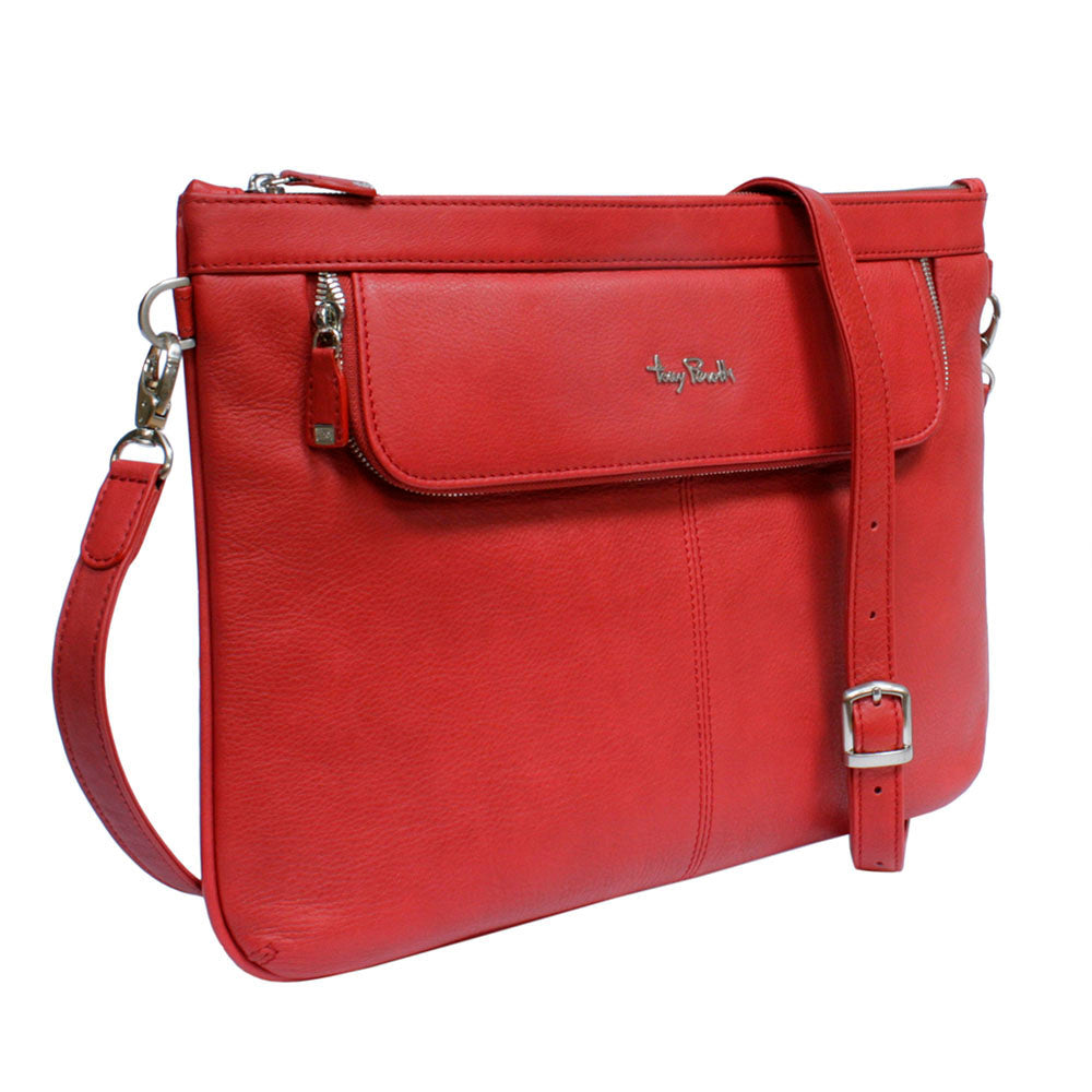 Three-quarter view of the red Tony Perotti Contatto 9708 rosso portfolio with the detachable leather shoulder strap and pin buckle
