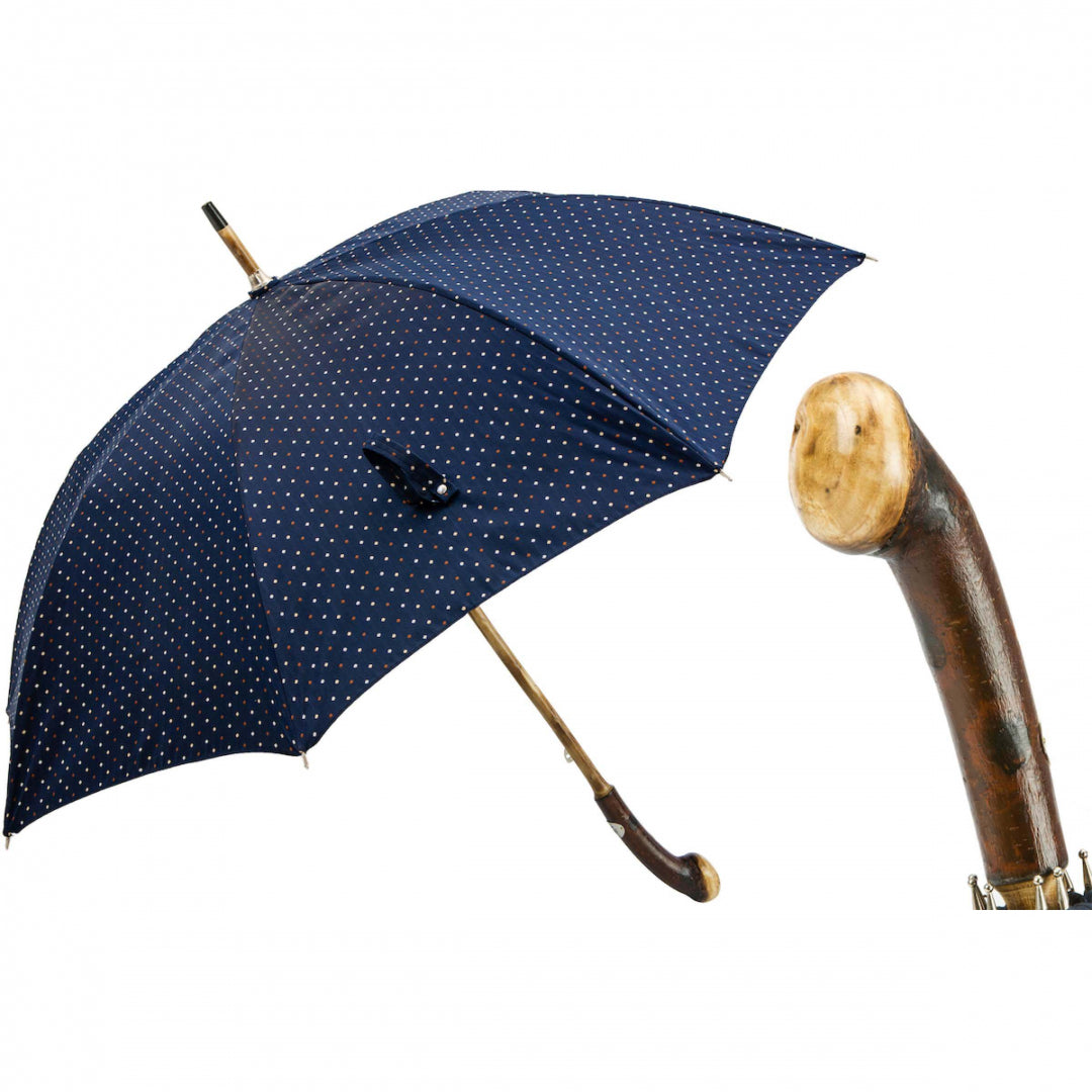 Pasotti men's navy fine-dot umbrella with one-piece chestnut handle, open, with a close-up of the handle — 142 81738-104 CDB