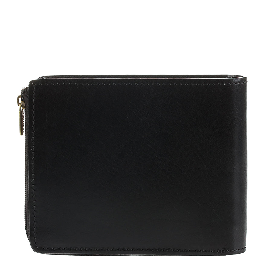 Back of Tony Perotti Italico 3645 nero black leather wallet with tonal stitching and side zip