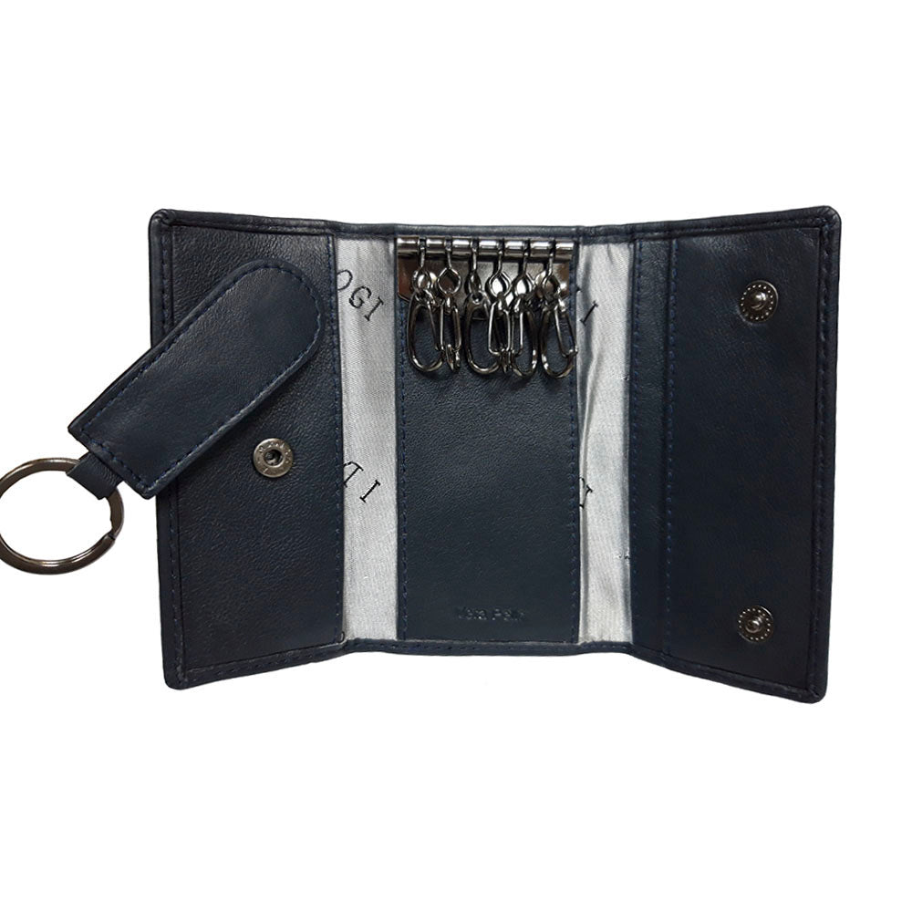 Navy leather key case opened flat with six swivel hooks and the fob clipped in place — Cortina 5005 navy