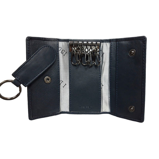 Navy leather key case opened flat with six swivel hooks and the fob clipped in place — Cortina 5005 navy
