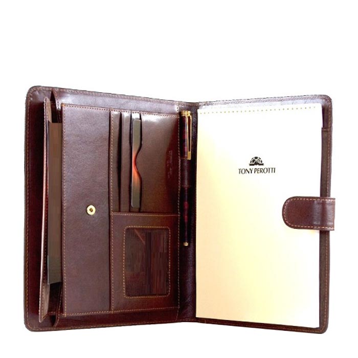 Dark brown Italico 2590 opened — document pocket, card slots, clear window, pen and the Tony Perotti notepad