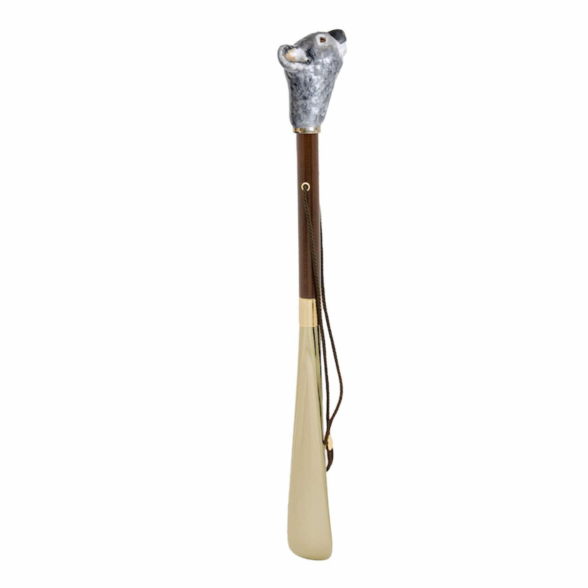 Koala shoehorn standing upright: brown wooden shaft, hanging cord and gold-tone blade