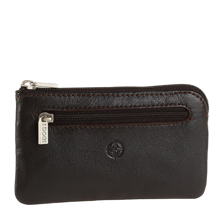 Dark brown leather key pouch, front view with I DOGI zip pull — Tony Perotti Cortina 5002 moro
