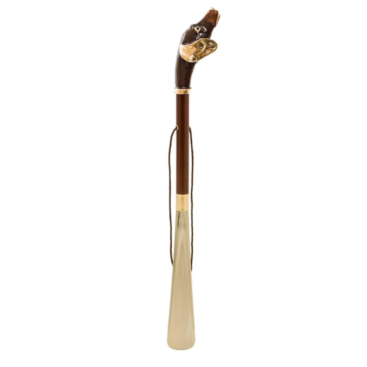 Dachshund shoehorn standing upright: brown wooden shaft, hanging cord and gold-tone blade