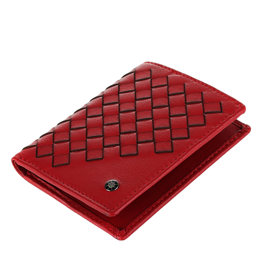 Tony Perotti Timone intrecciato 12045 rosso red woven leather compact wallet lying closed, angled view