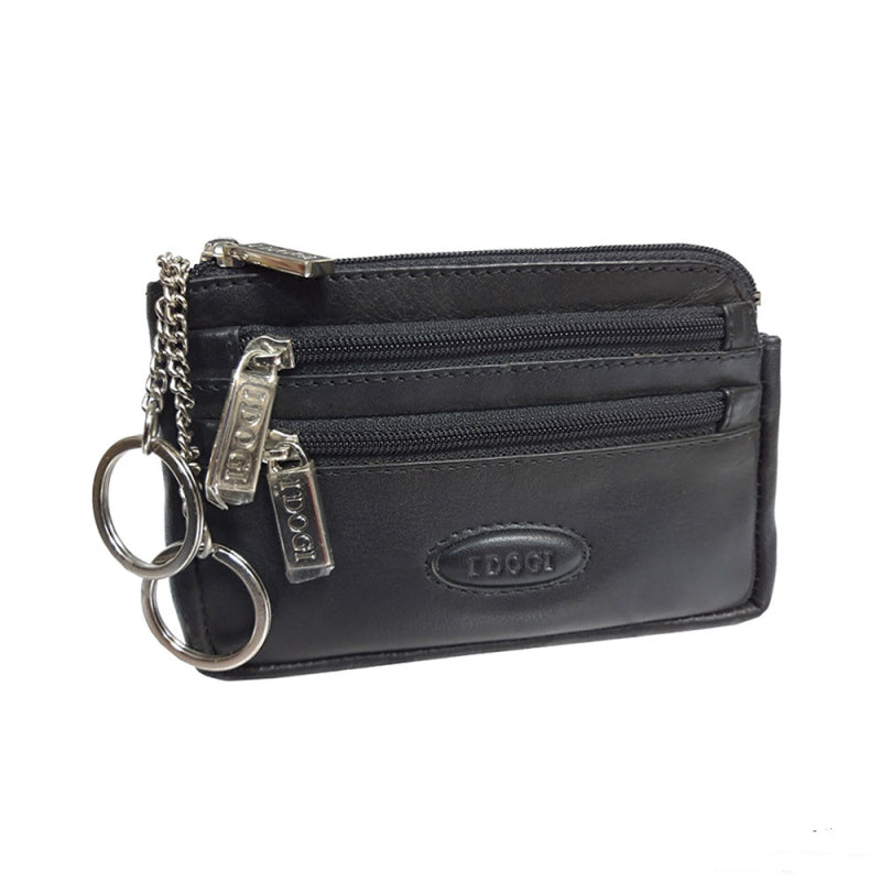 Black leather key pouch at an angle with two key rings on chains — Tony Perotti Cortina 5016 nero