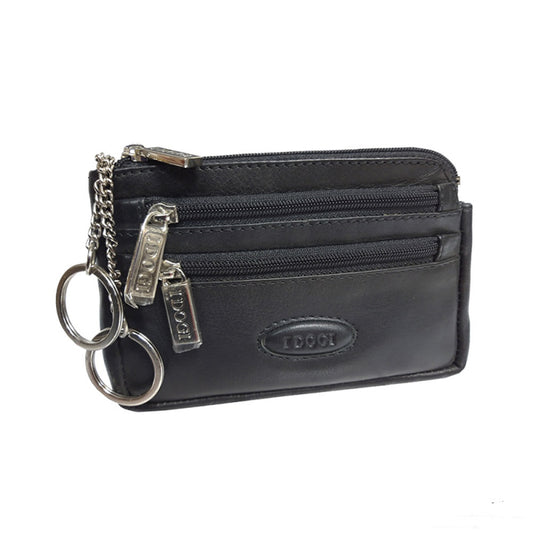 Black leather key pouch at an angle with two key rings on chains — Tony Perotti Cortina 5016 nero
