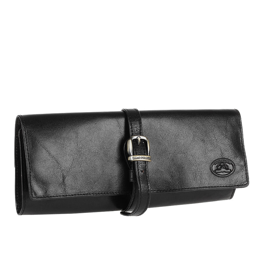 Three-quarter view of the closed Tony Perotti Italico 1286 nero jewelry case showing the buckle and the keeper engraved TONYPEROTTI