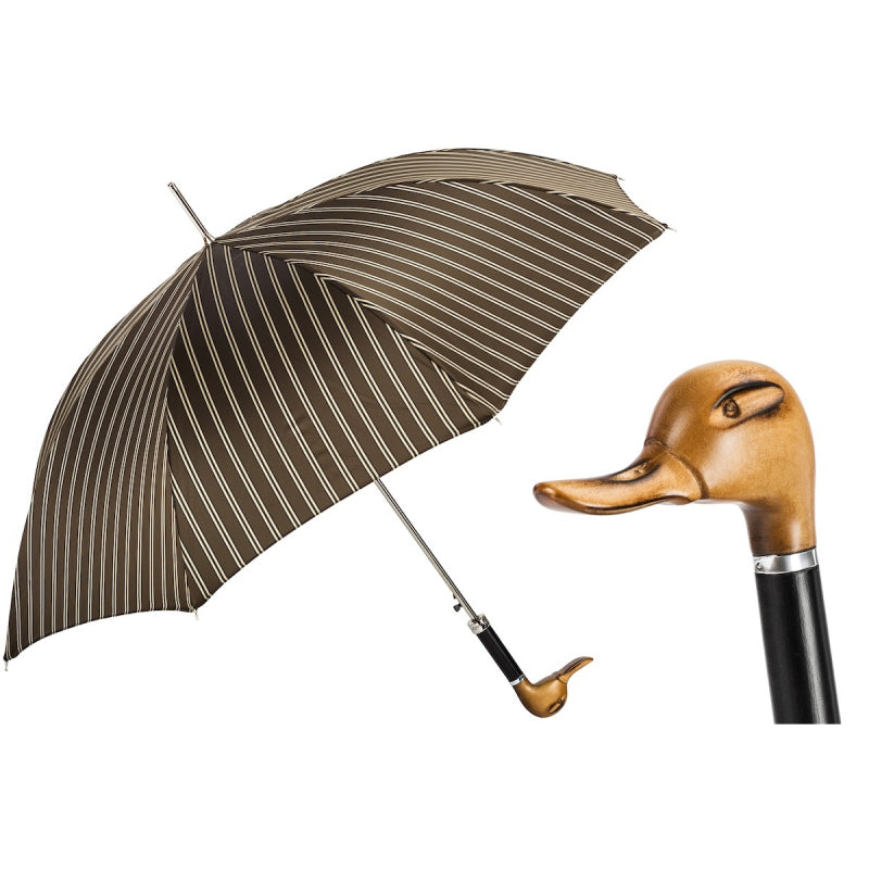 Pasotti men's brown striped umbrella with wooden duck handle, open, with a close-up of the handle — 478 51880-3 N58