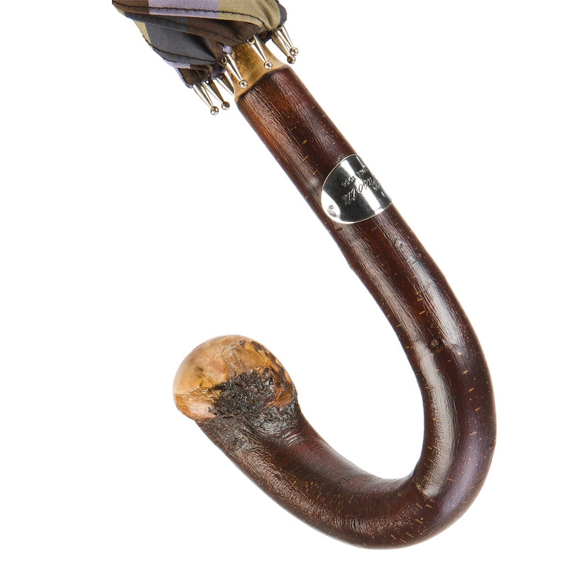 Chestnut crook handle with natural knob end and silver-tone Pasotti plaque, close-up, handcrafted in Italy