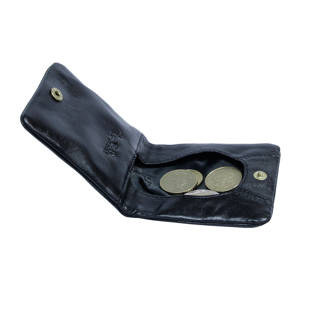 Black leather coin pouch open with coins inside, handcrafted in Italy — Tony Perotti Italico 1636 nero