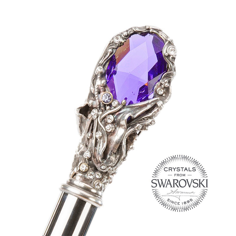 Large faceted purple crystal in an artistic silver-tone setting with small clear crystals, handcrafted in Italy