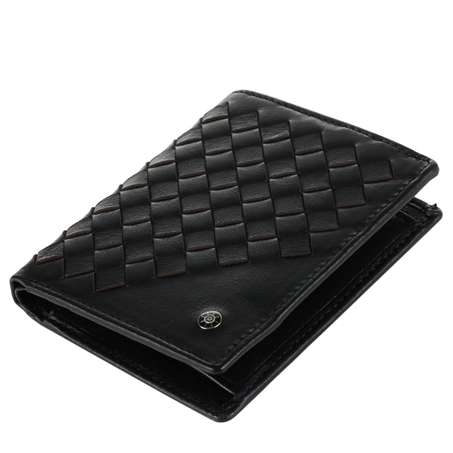 Tony Perotti Timone intrecciato 12071 nero black woven leather compact wallet lying closed, angled view