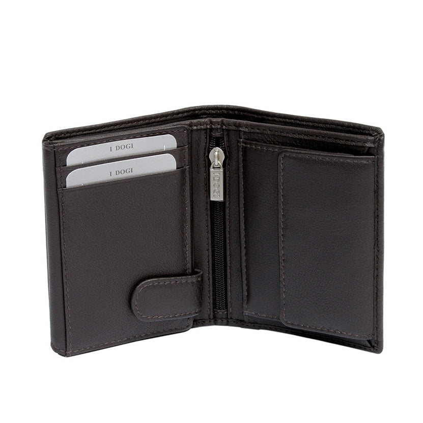 Tony Perotti Cortina 5054 moro opened — card slots on the left, a zipped pocket down the middle and a slip pocket on the right