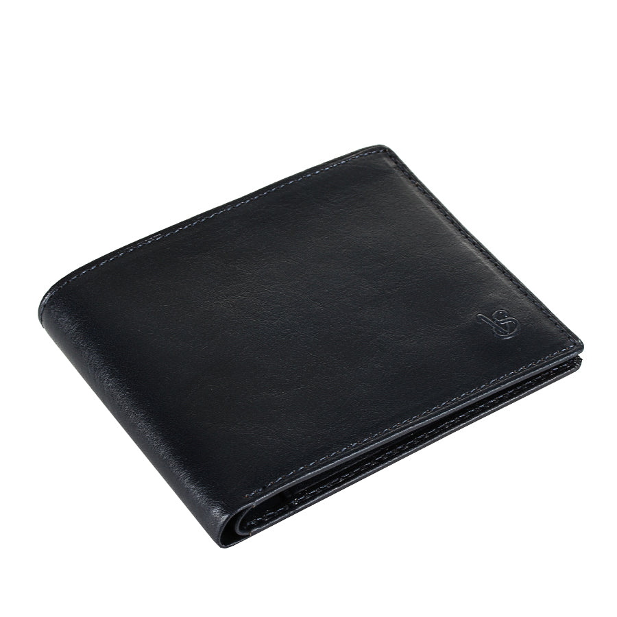 Tony Perotti Viasorte 537 navy leather bifold wallet lying closed, angled view