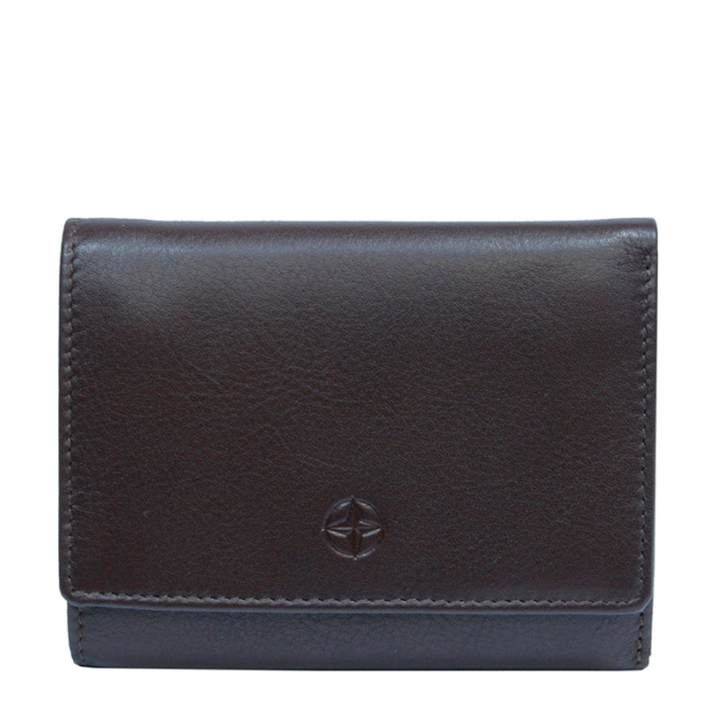 Dark brown Tony Perotti Cortina 5063 small trifold wallet seen straight on, closed, with the embossed compass rose on the flap