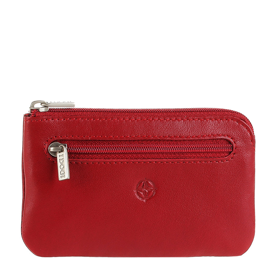Red leather key pouch, front view with I DOGI zip pulls — Tony Perotti Cortina 5002 rosso