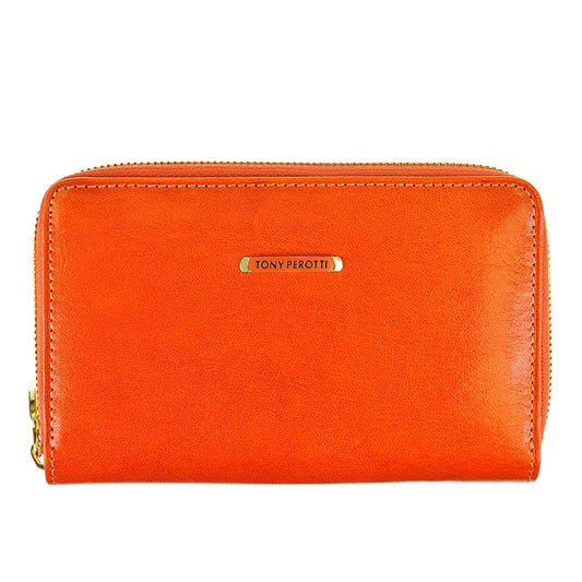 Tony Perotti Topkapi 3441 mandarino orange zip-around wallet with gold metal logo plate — handcrafted in Italy