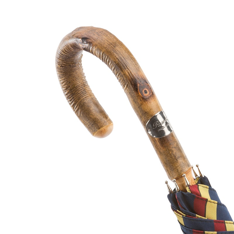 One-piece ash crook handle with knob end, natural knot and silver-tone Pasotti plaque, handcrafted in Italy