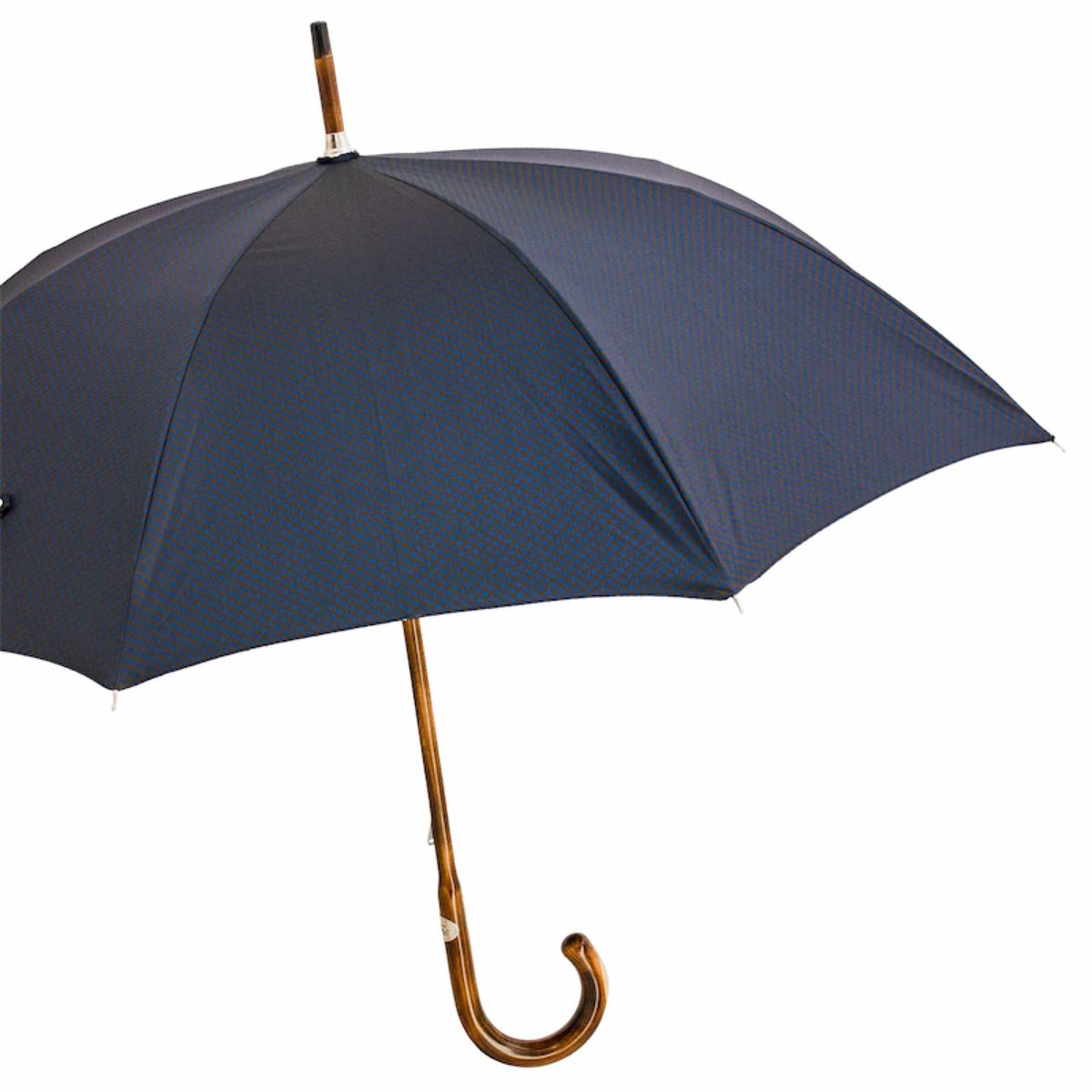 Open navy umbrella from the side with maple shaft and crook handle