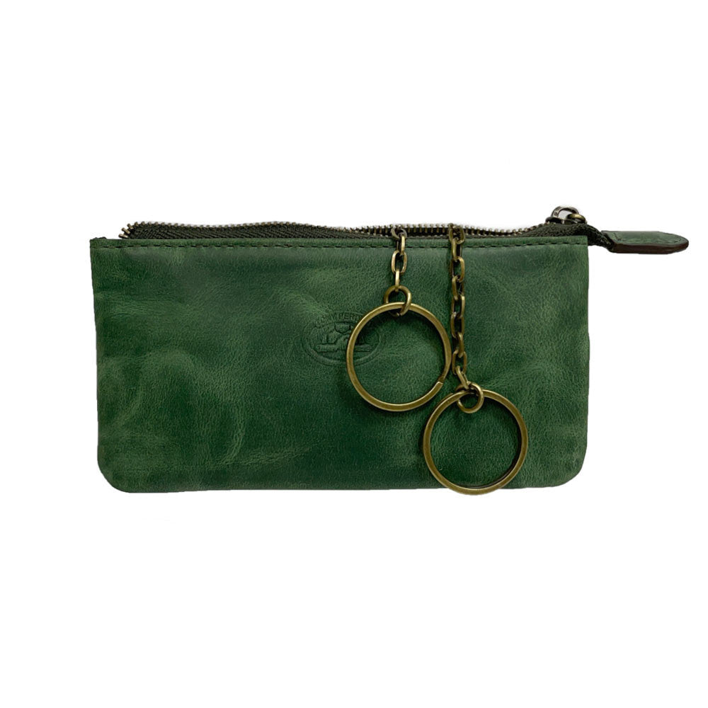 Tony Perotti Arno 3350 deep green leather key case — front with the embossed turtle emblem and two antique brass key rings on chains