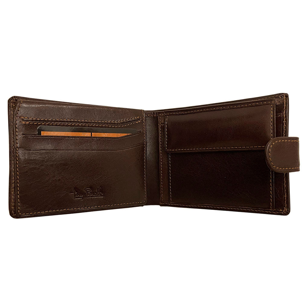 Dark brown leather bifold wallet fold-out flap with card slots and ID windows — Tony Perotti Italico 396A-Q