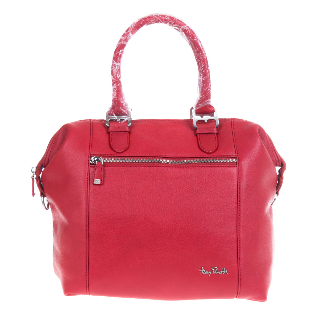 Tony Perotti Contatto 9217-31 rosso women's red leather convertible handbag — front view with the front zip pocket and the metal Tony Perotti signature plate
