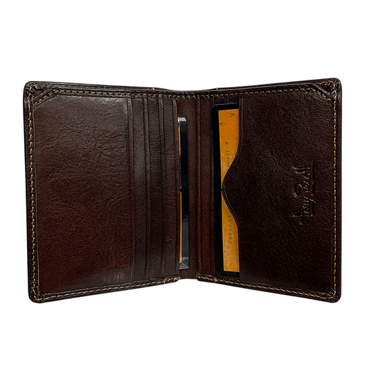 Dark brown leather card holder open showing card slots and middle compartment — Tony Perotti Italico 1034N moro
