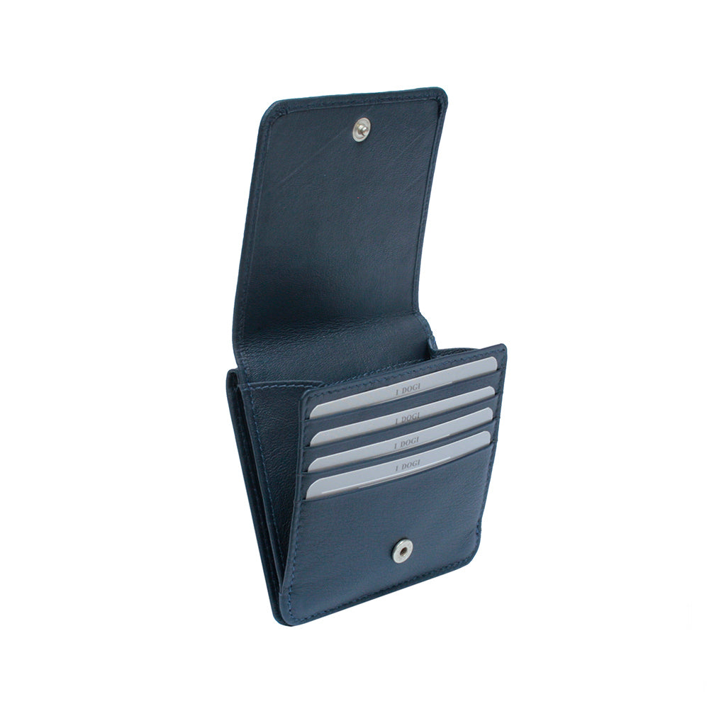 Tony Perotti Cortina 5064 navy seen at an angle with the flap raised, cards in the slots of the card block