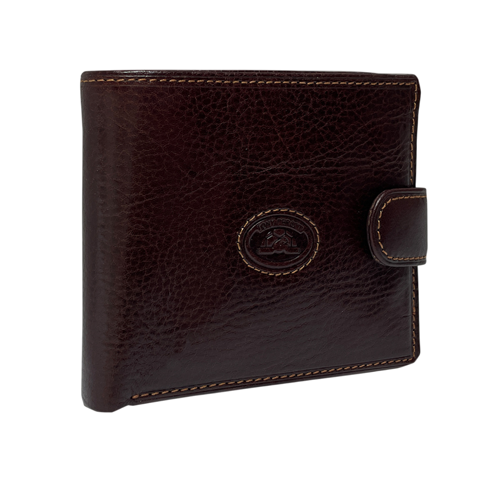 Open dark brown leather bifold wallet with coin pocket — Tony Perotti Italico 2569A