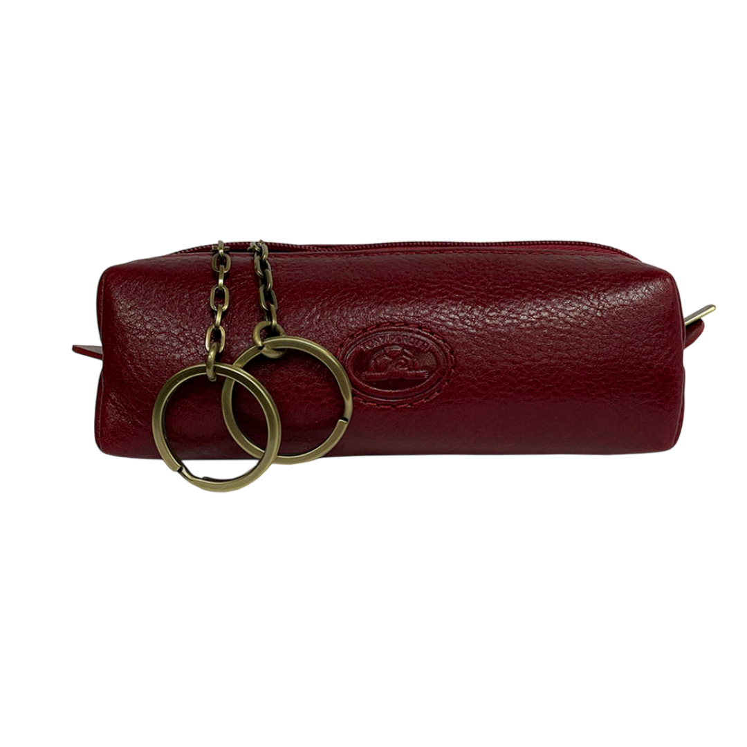 Tony Perotti red bull leather zip key pouch with two brass key rings on chains — Italico 3297 rosso