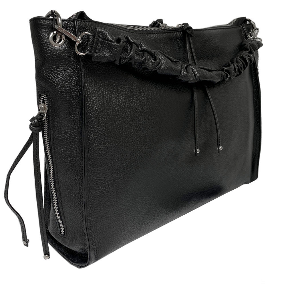 Angled view of the black Borsa CA020 — the snap hook of the handle and the zip running down the side panel