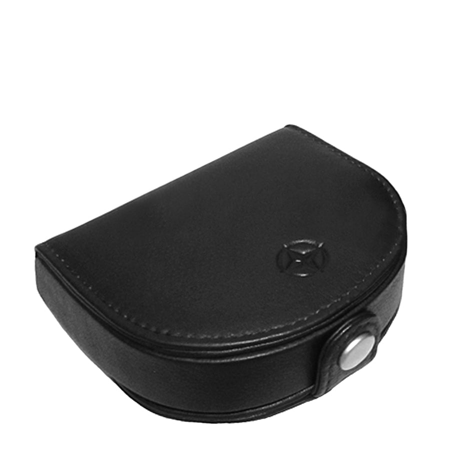 Black leather tray coin pouch Tony Perotti Cortina 5070 nero closed at an angle — flap with the embossed compass rose and the front snap