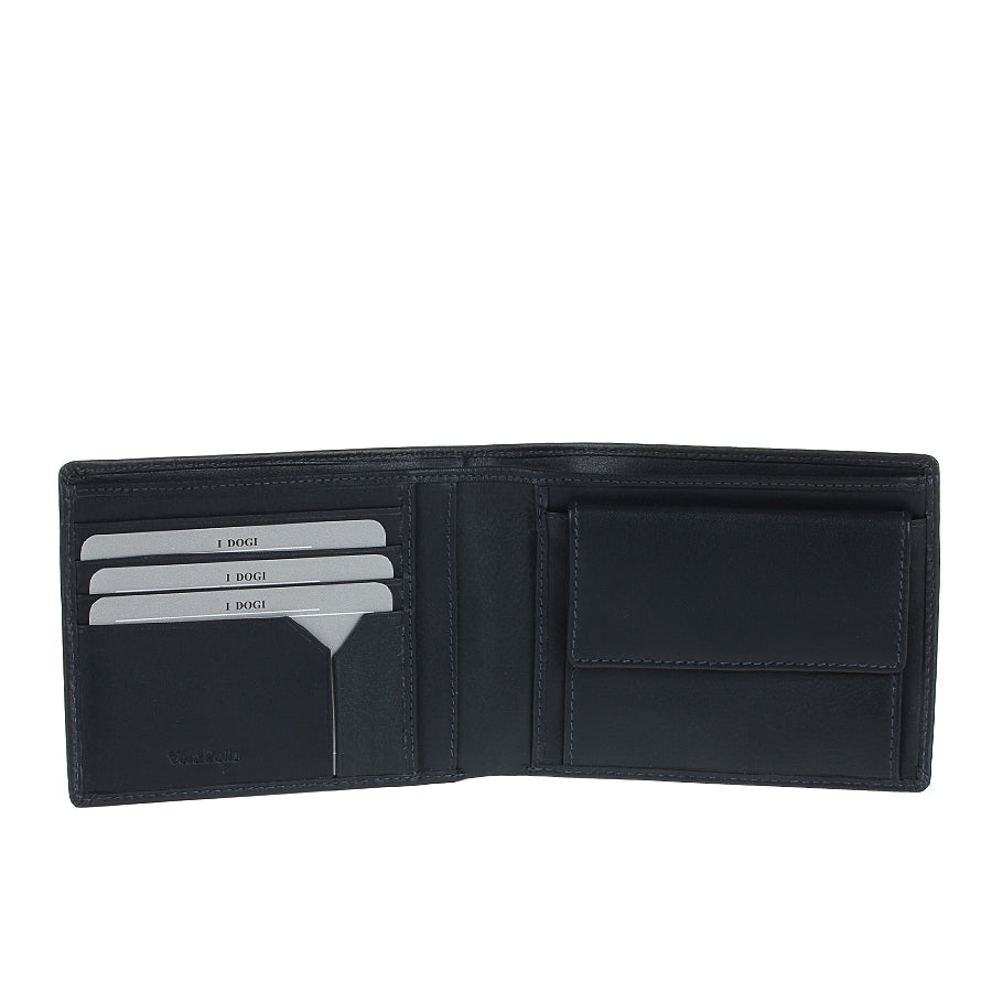 Tony Perotti Cortina 5013 navy opened — card slots and a slip pocket on the left, the snap coin pocket on the right
