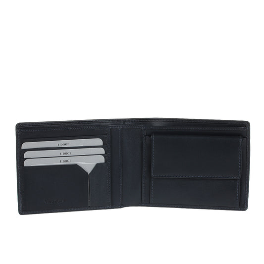 Tony Perotti Cortina 5013 navy opened — card slots and a slip pocket on the left, the snap coin pocket on the right