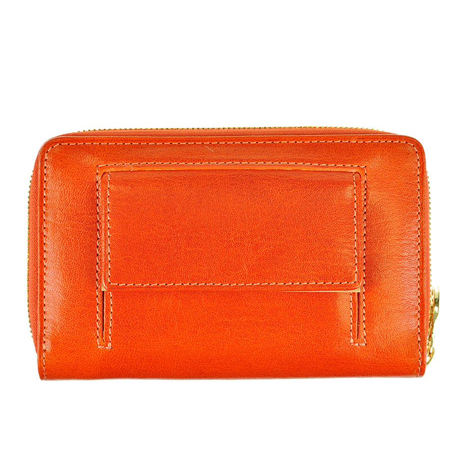 Back of the orange Topkapi wallet with snap coin pocket under a flap