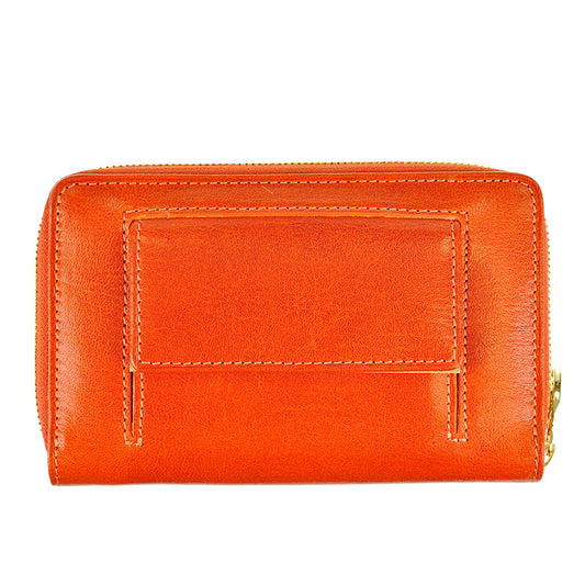 Back of the orange Topkapi wallet with snap coin pocket under a flap