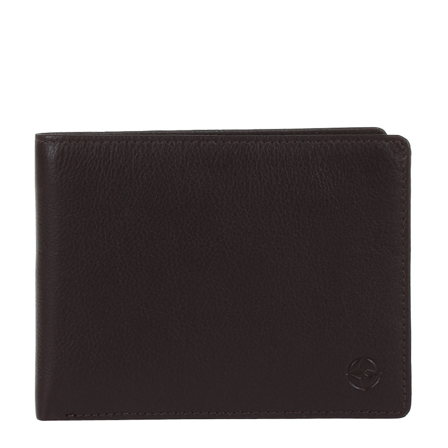 Dark brown Tony Perotti Cortina 5017 leather bifold wallet seen straight on, closed, with the embossed compass rose in the lower corner