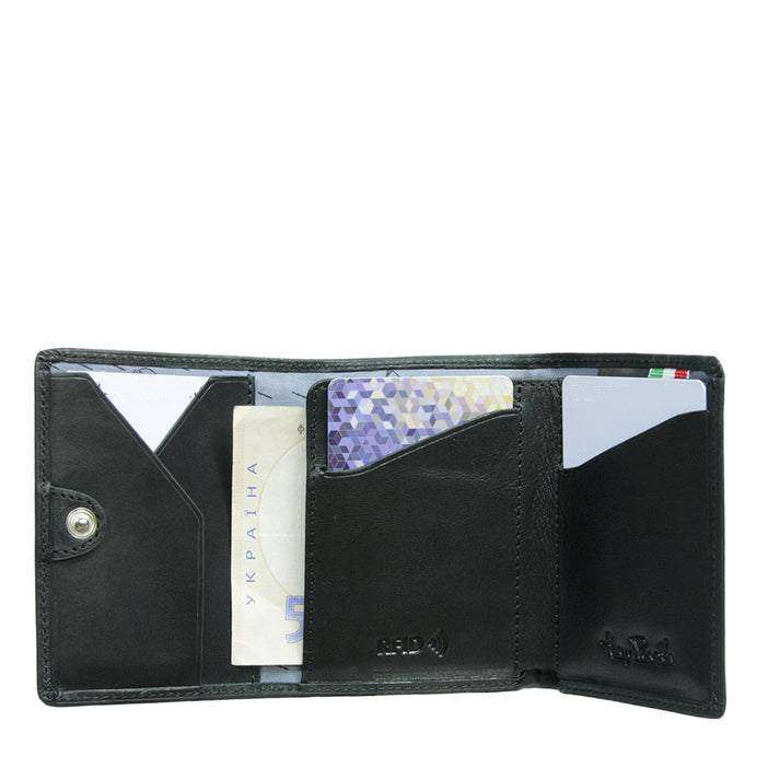 Open Tony Perotti Nevada 3811+RFID nero black wallet — V-cut card pocket, snap tab, bill section and RFID-marked pocket