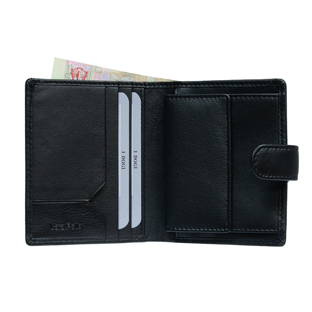 Black Tony Perotti Cortina 5071 wallet open showing the card slots, banknote compartment and snap coin pocket